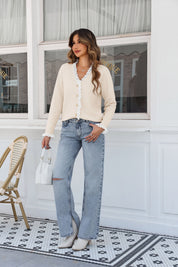 Womens Beige  Lace V Neck Sweaters 2