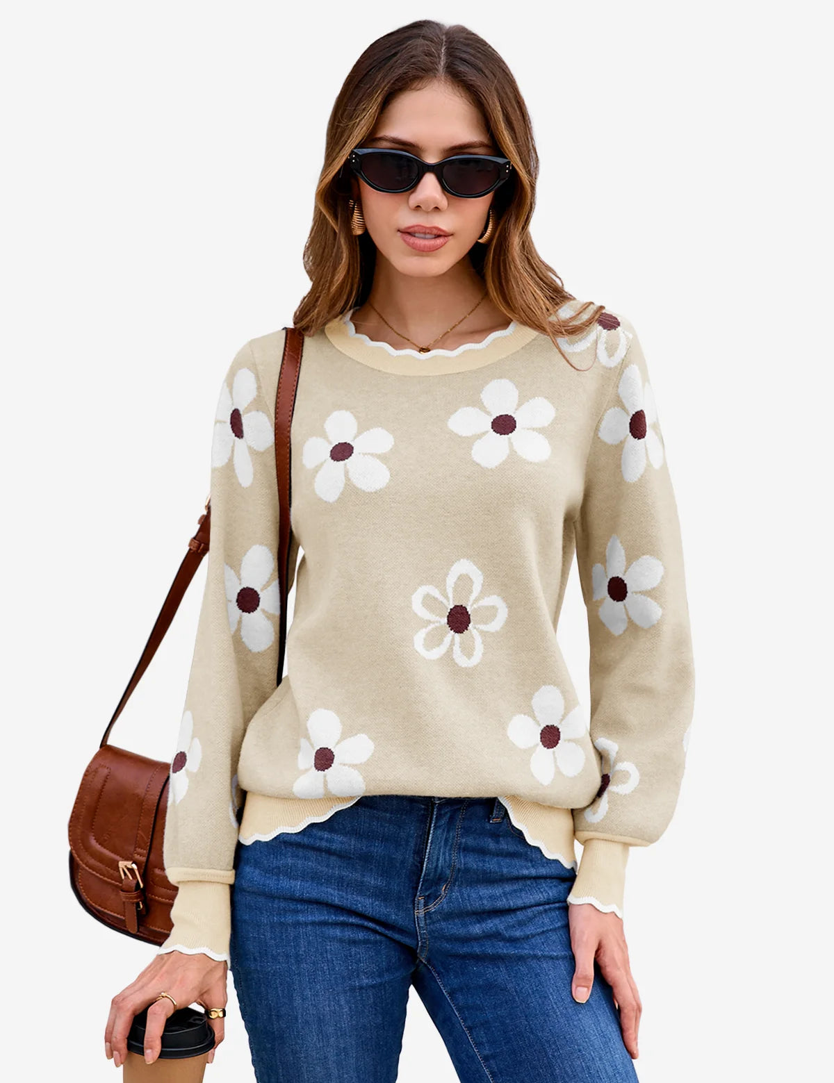 Womens Beige Crew Neck Sweater 1