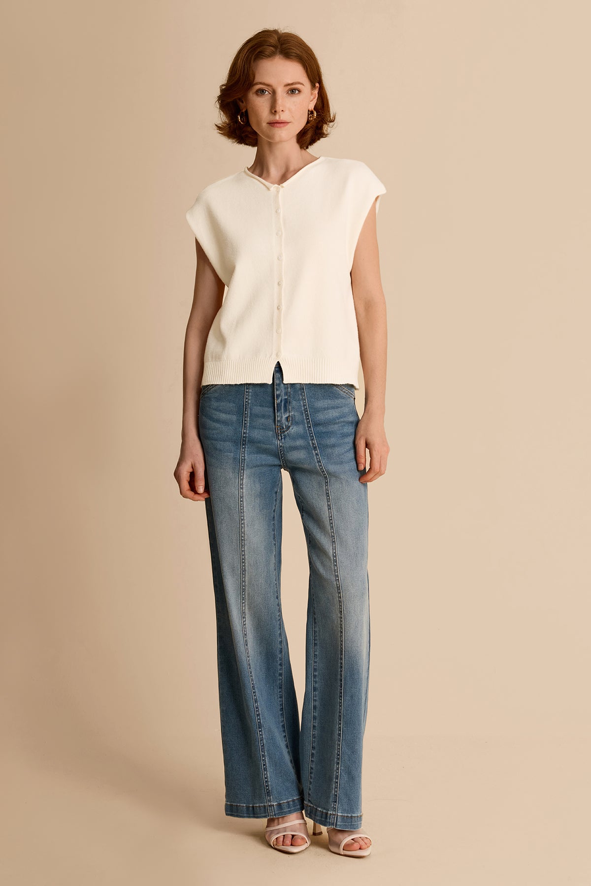 Womens Beige Cap Sleeve Sweater Vest | CicyBell