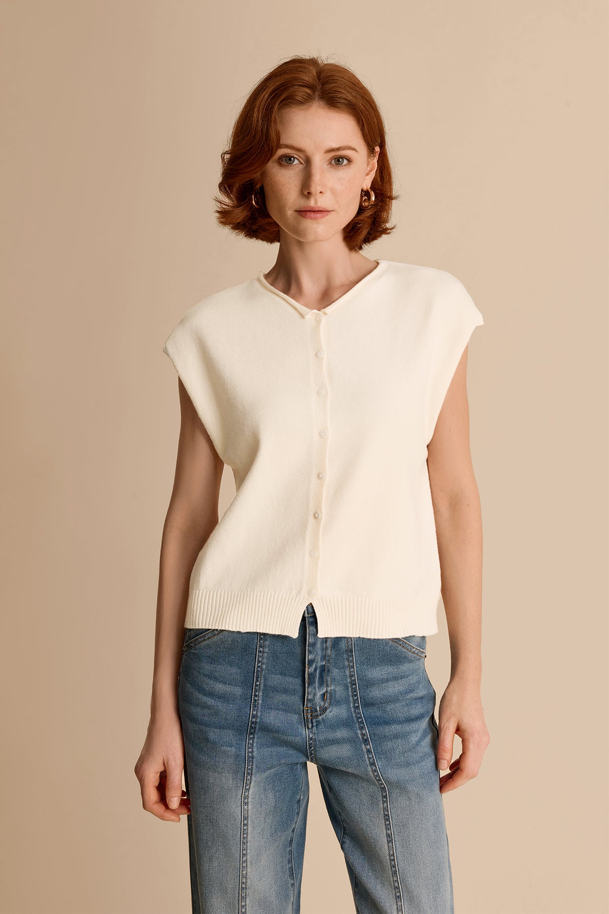 Womens Beige Cap Sleeve Sweater Vest | CicyBell