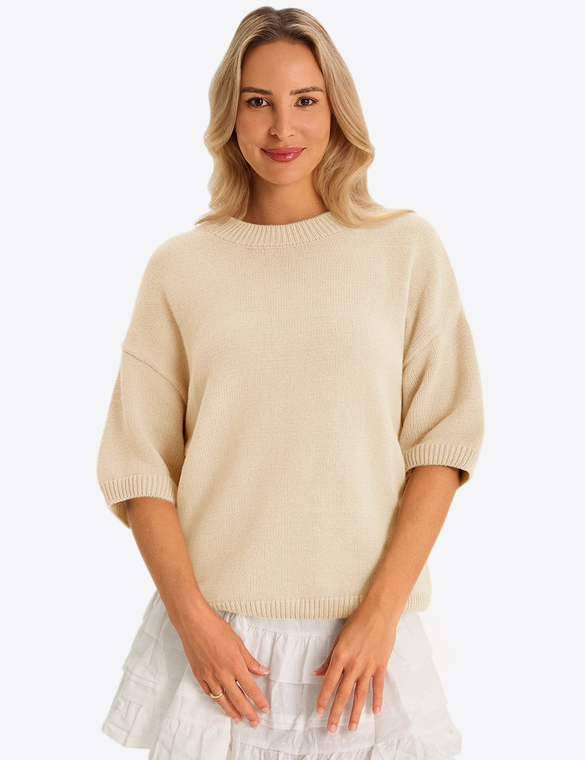 Womens Beige Half Sleeve Sweaters 1