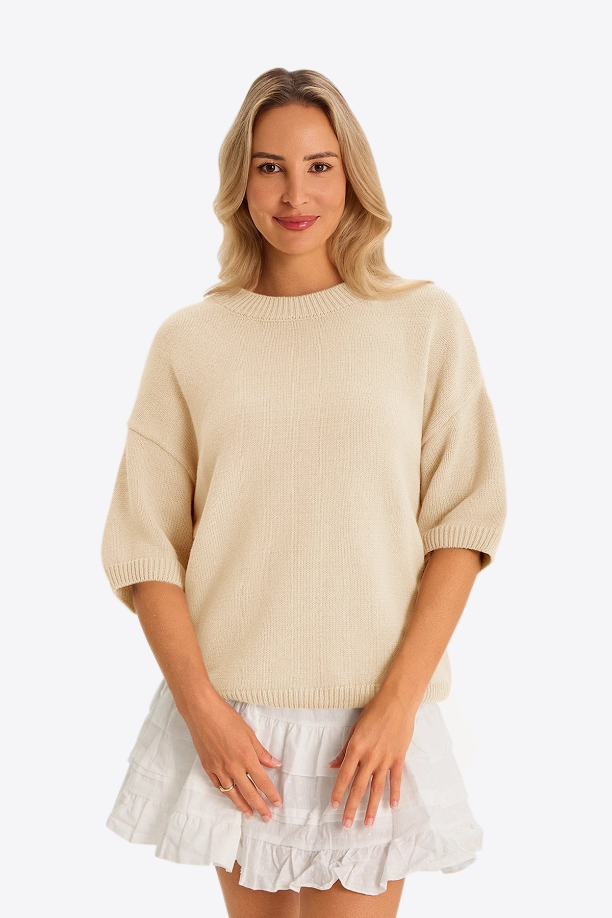 Womens Beige Half Sleeve Sweaters 1