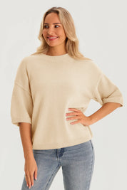 Womens Beige Half Sleeve Sweaters | CicyBell