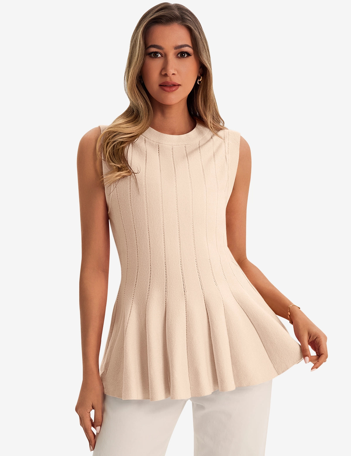 Womens Beige Pleated Peplum Tank Tops 1