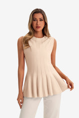 Womens Beige Pleated Peplum Tank Tops 1