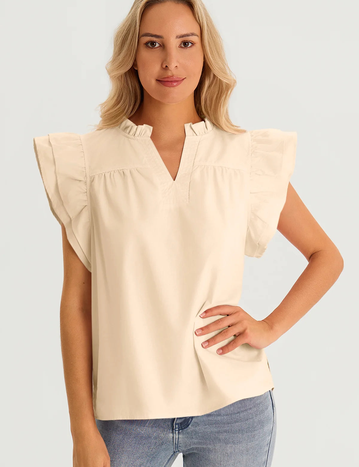 Womens Beige Ruffle Cap Sleeve Tank Tops 1