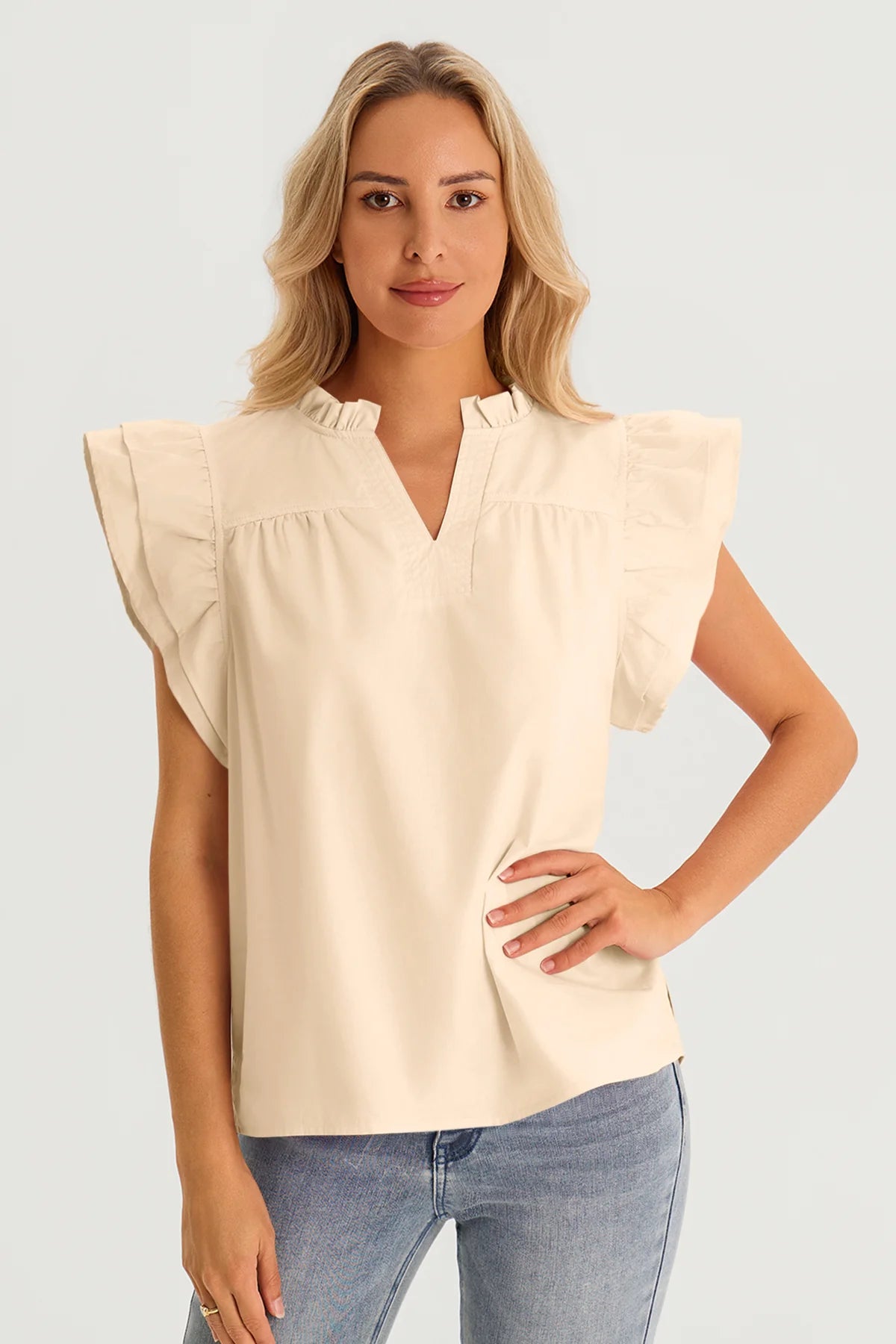 Womens Beige Ruffle Cap Sleeve Tank Tops 1