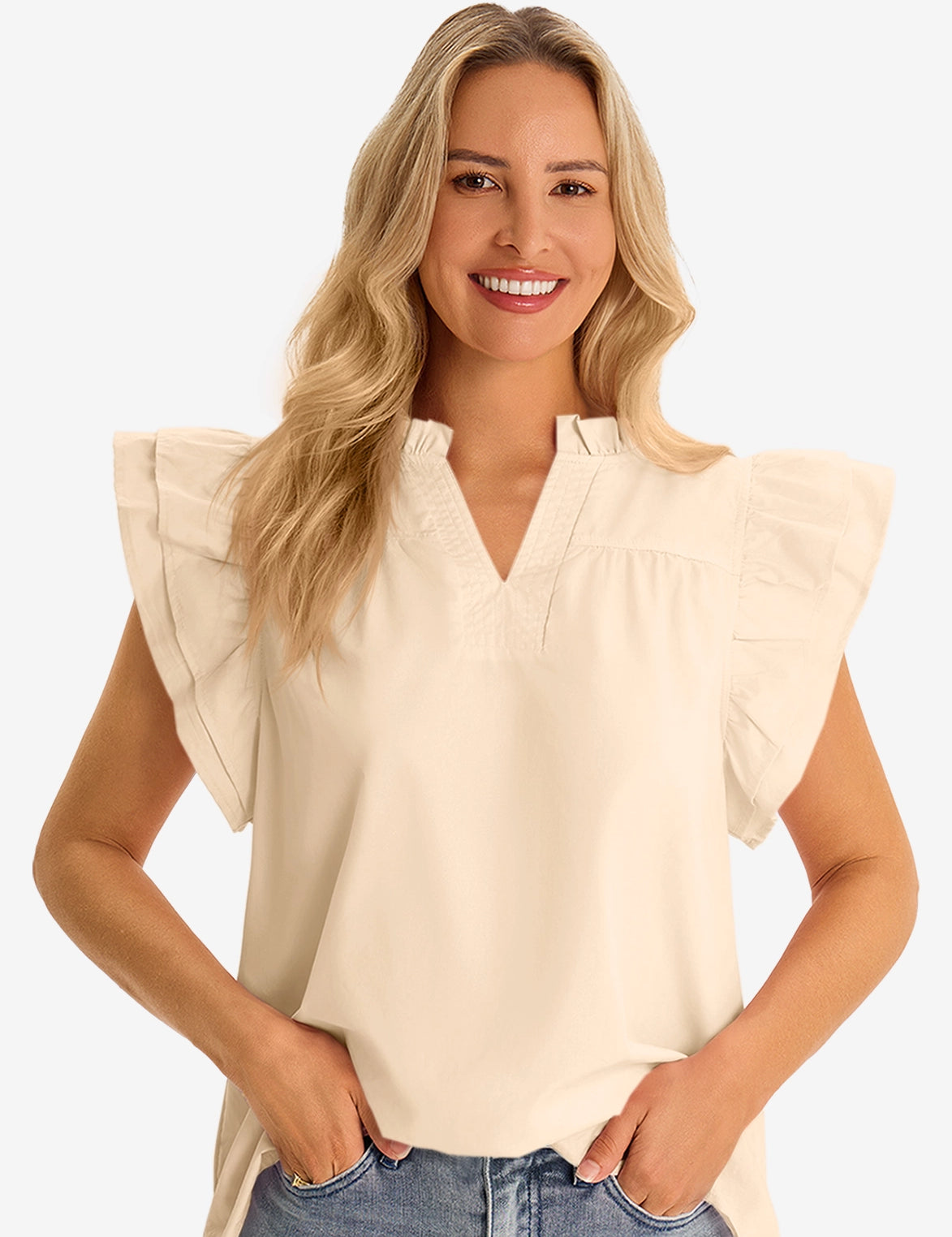 Womens Beige Ruffle Cap Sleeve Tank Tops 2