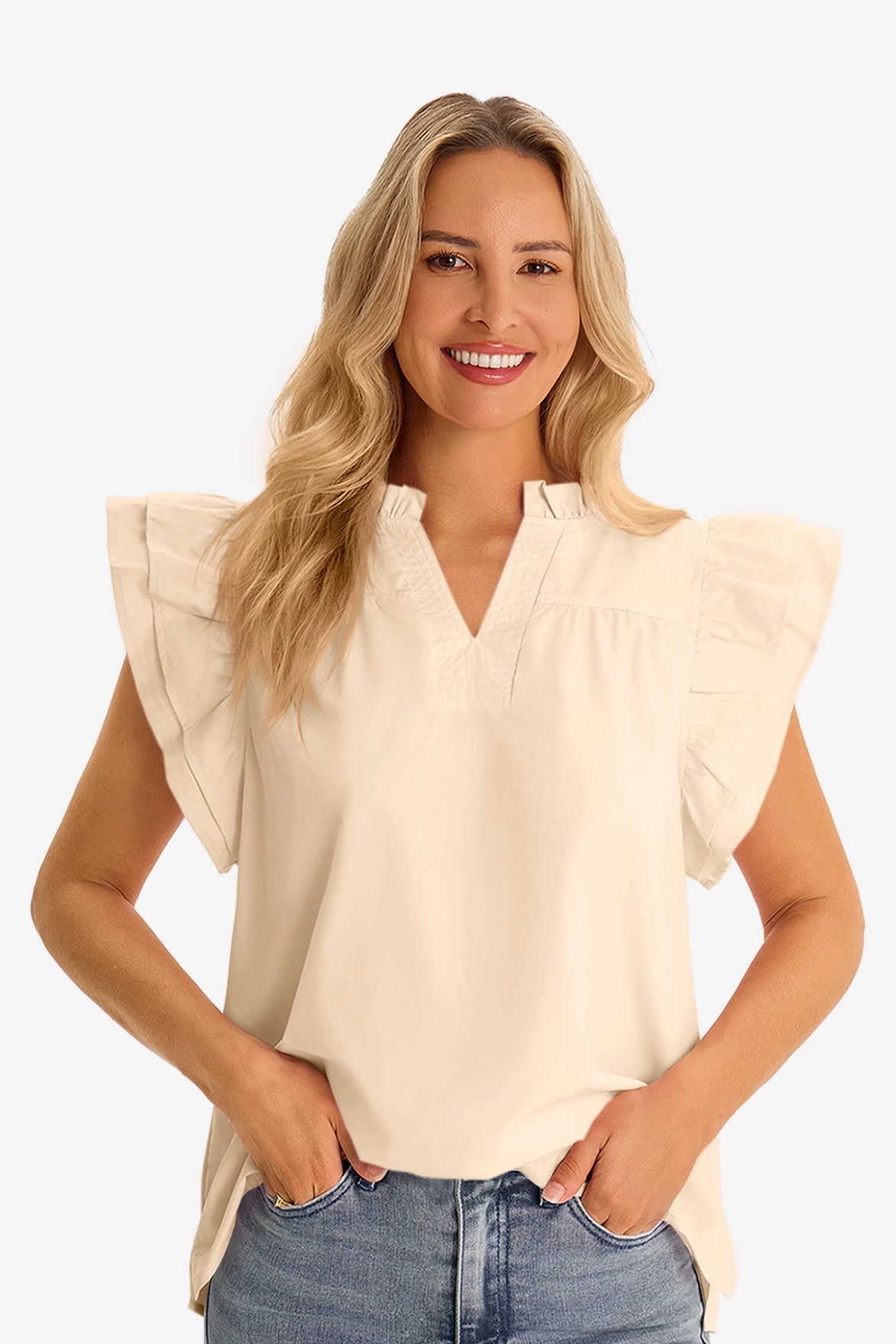 Womens Beige Ruffle Cap Sleeve Tank Tops 2