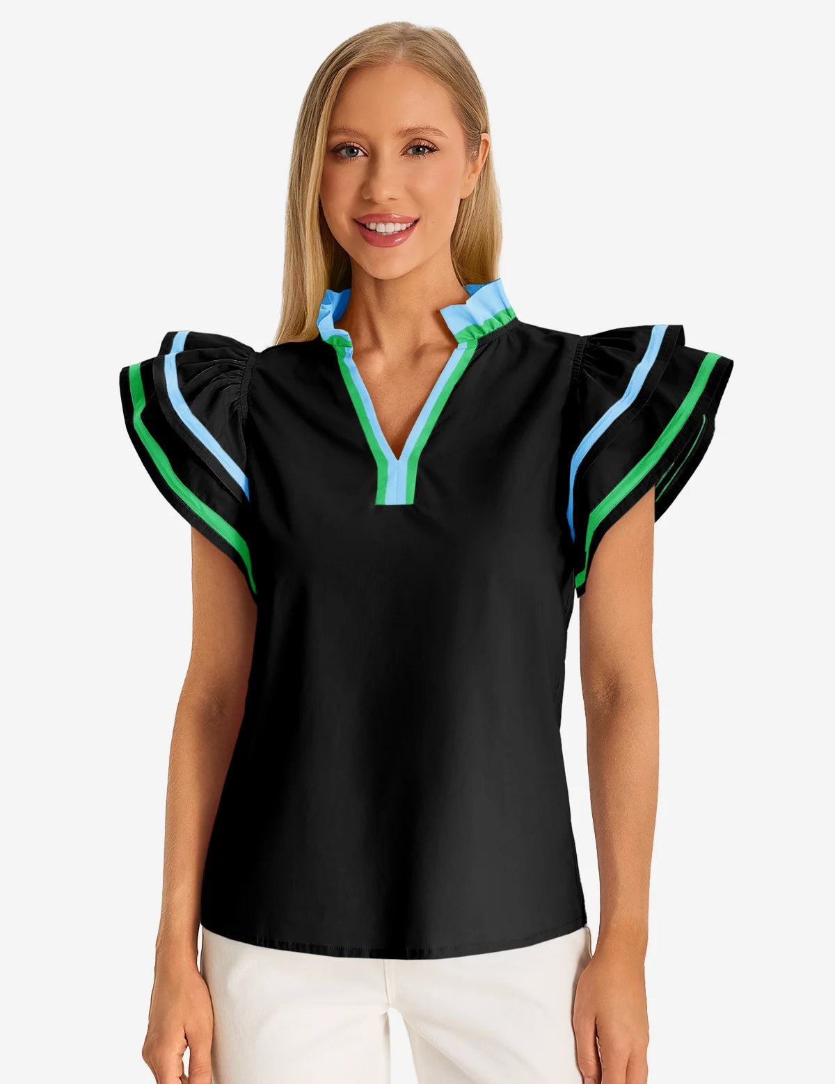 Womens Black Color Block Blouses 1