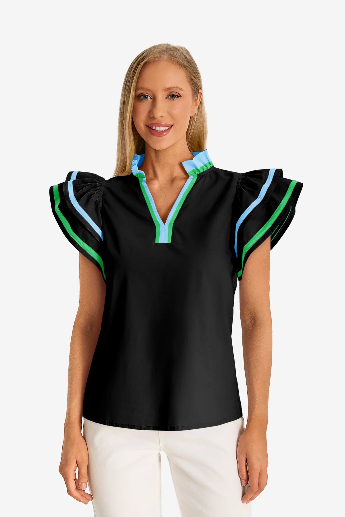 Womens Black Color Block Blouses 1