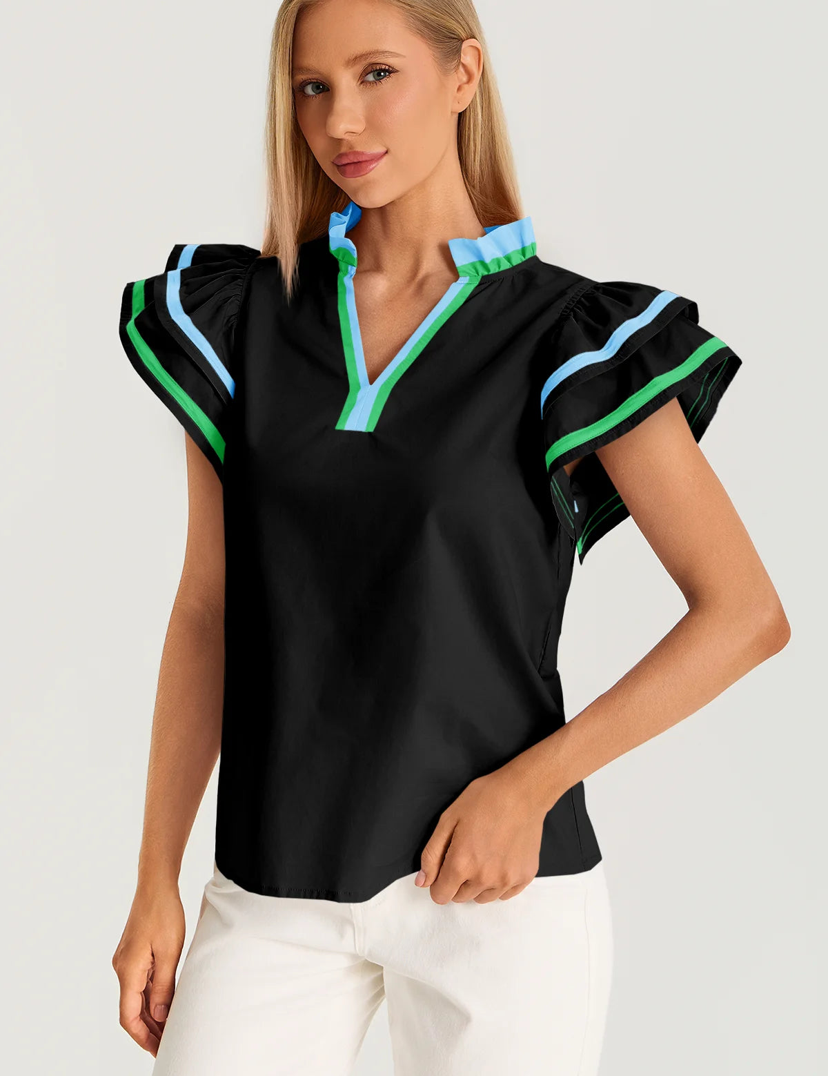 Womens Black Color Block Blouses 3