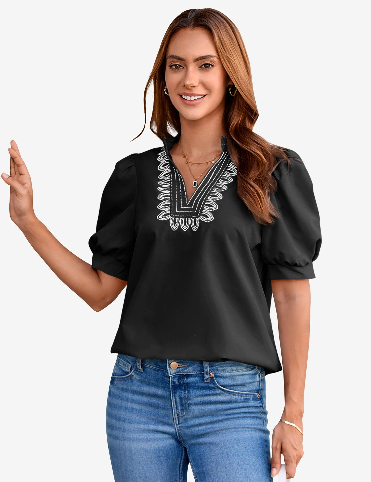 Womens Black Puff Short Sleeve Blouses 1