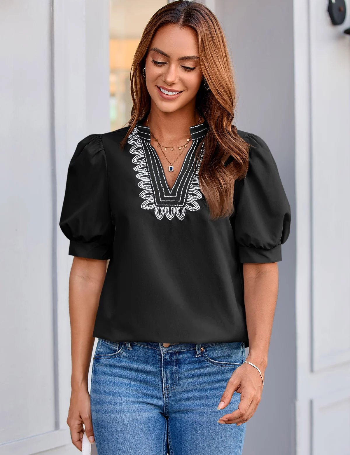 Womens Black Puff Short Sleeve Blouses 2
