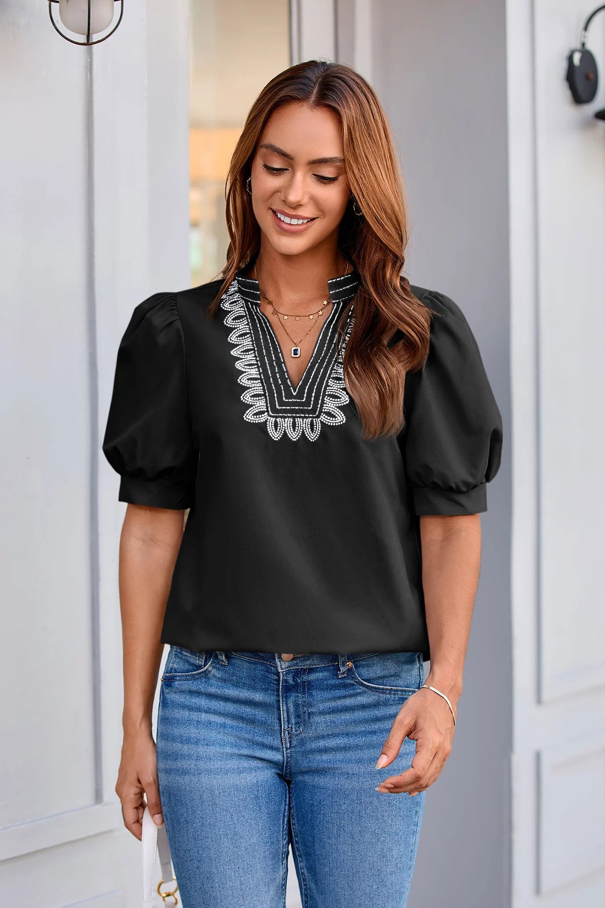 Womens Black Puff Short Sleeve Blouses 2