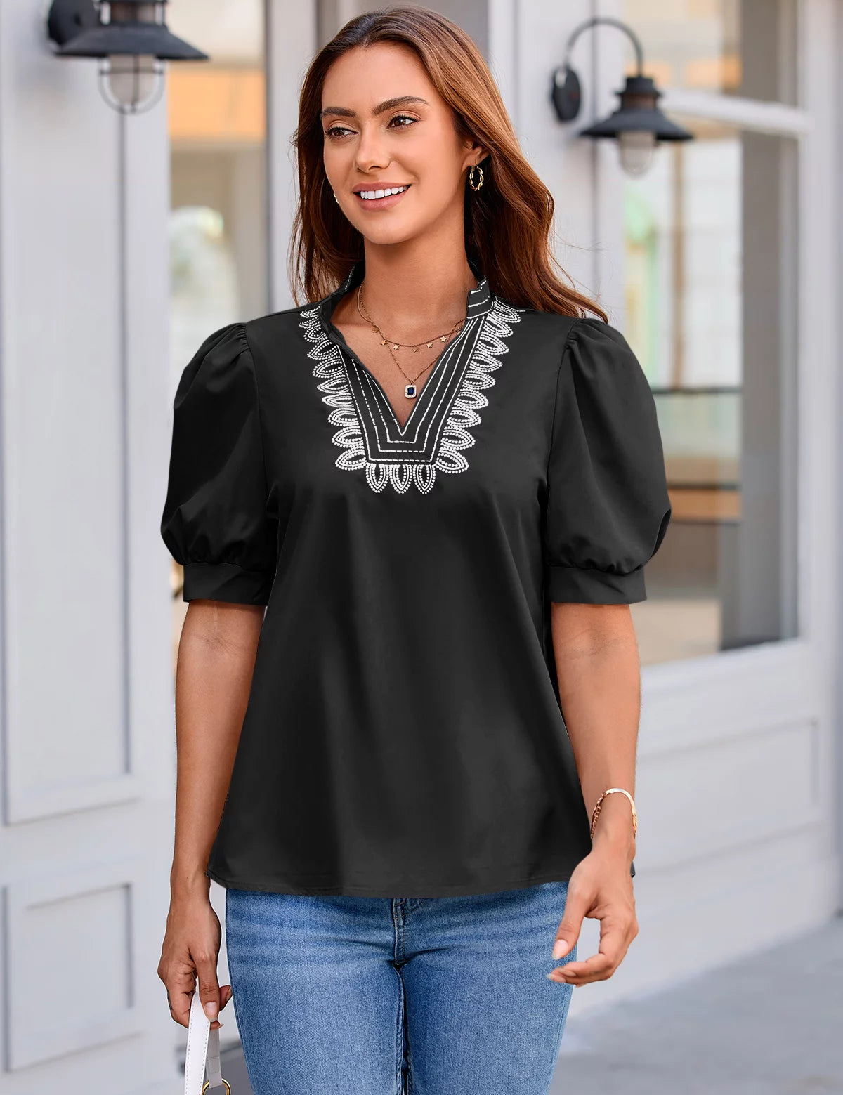 Womens Black Puff Short Sleeve Blouses 3