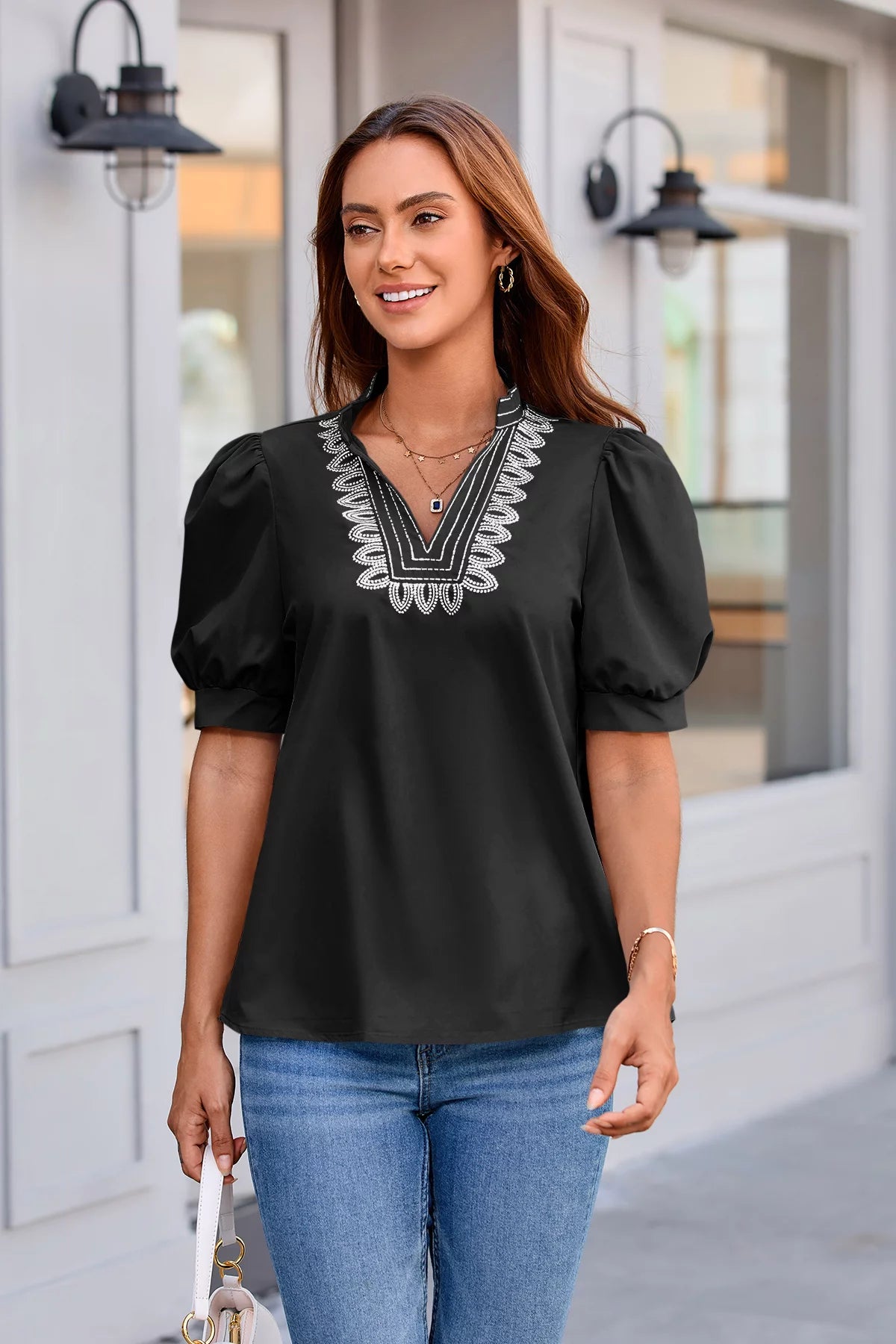 Womens Black Puff Short Sleeve Blouses 3