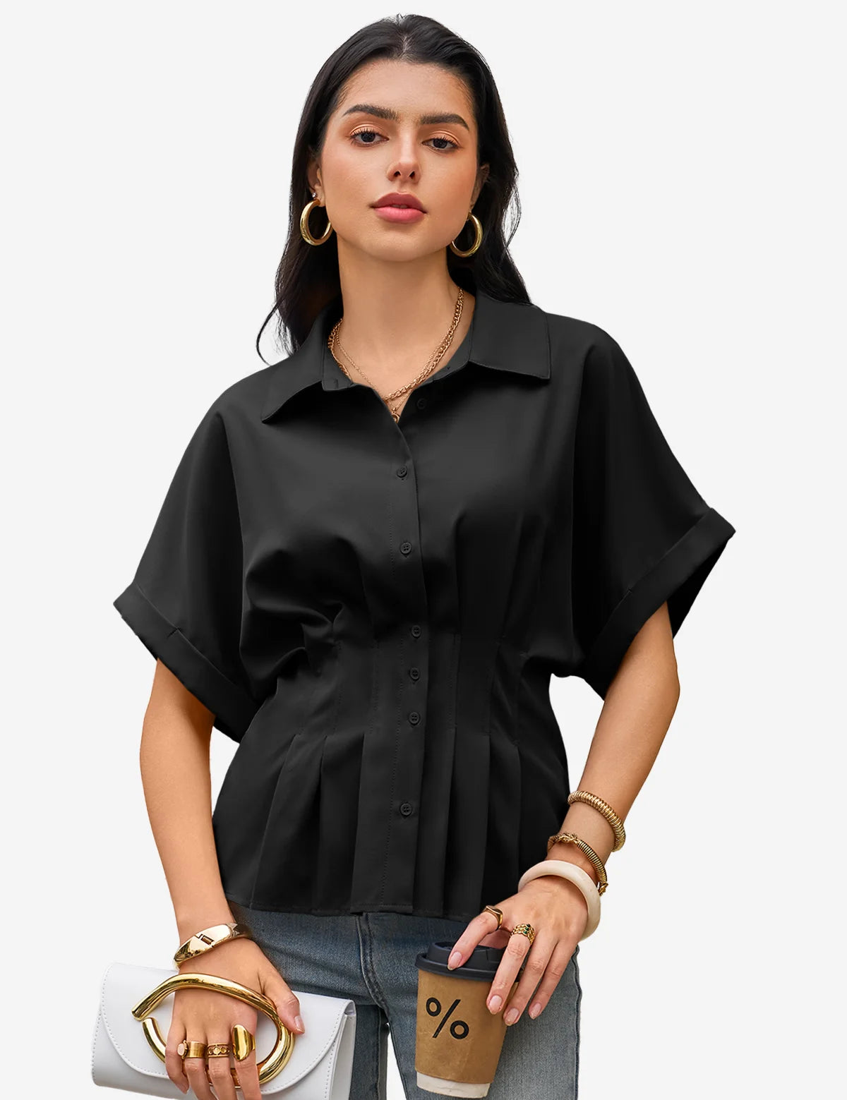 Womens Black Pleated Button-Down Shirt 1