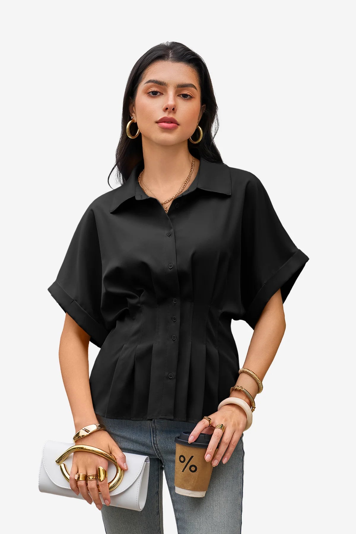 Womens Black Pleated Button-Down Shirt 1