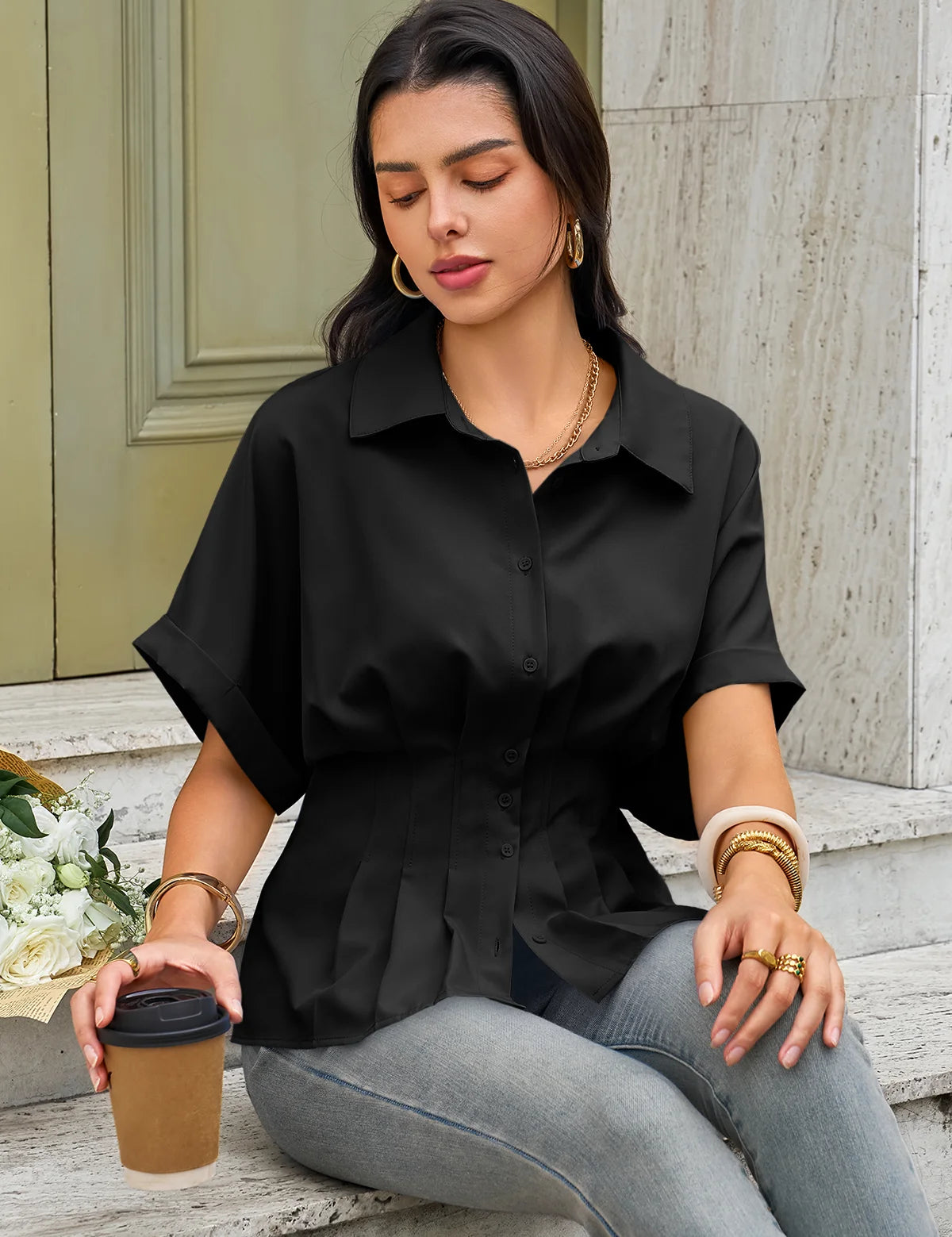 Womens Black Pleated Button-Down Shirt 2