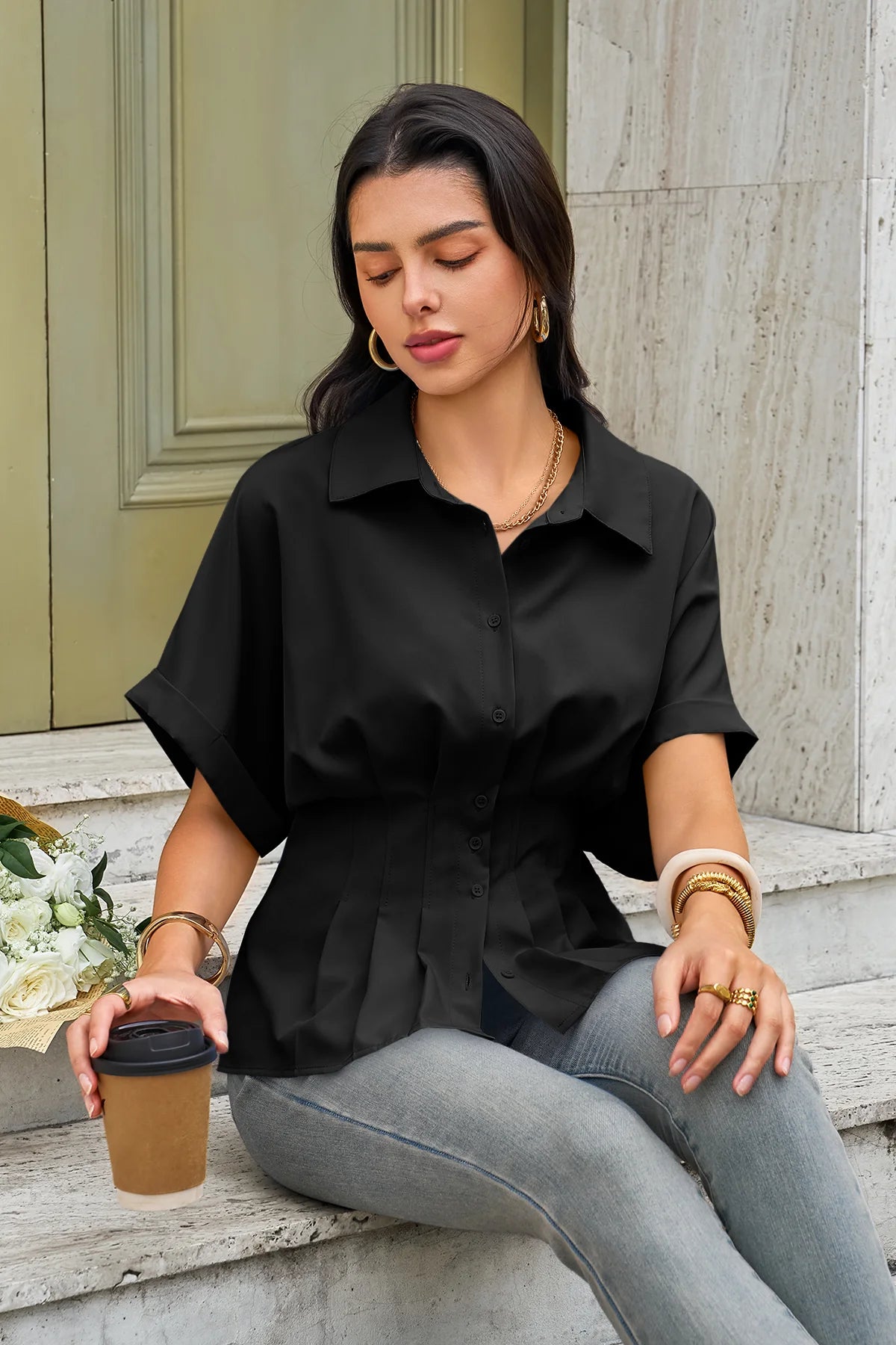 Womens Black Pleated Button-Down Shirt 2