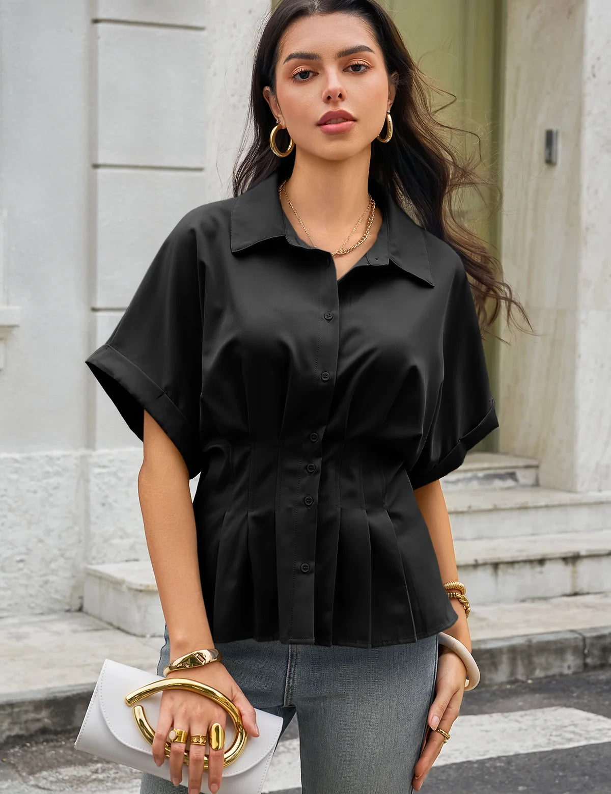 Womens Black Pleated Button-Down Shirt 3