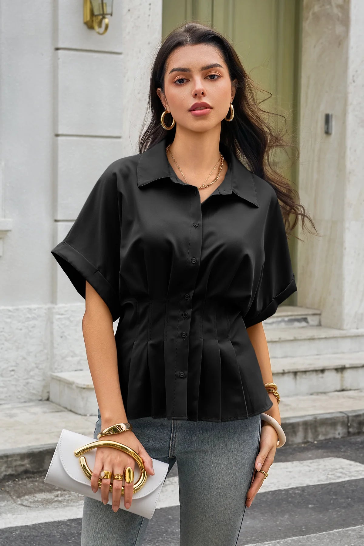 Womens Black Pleated Button-Down Shirt 3