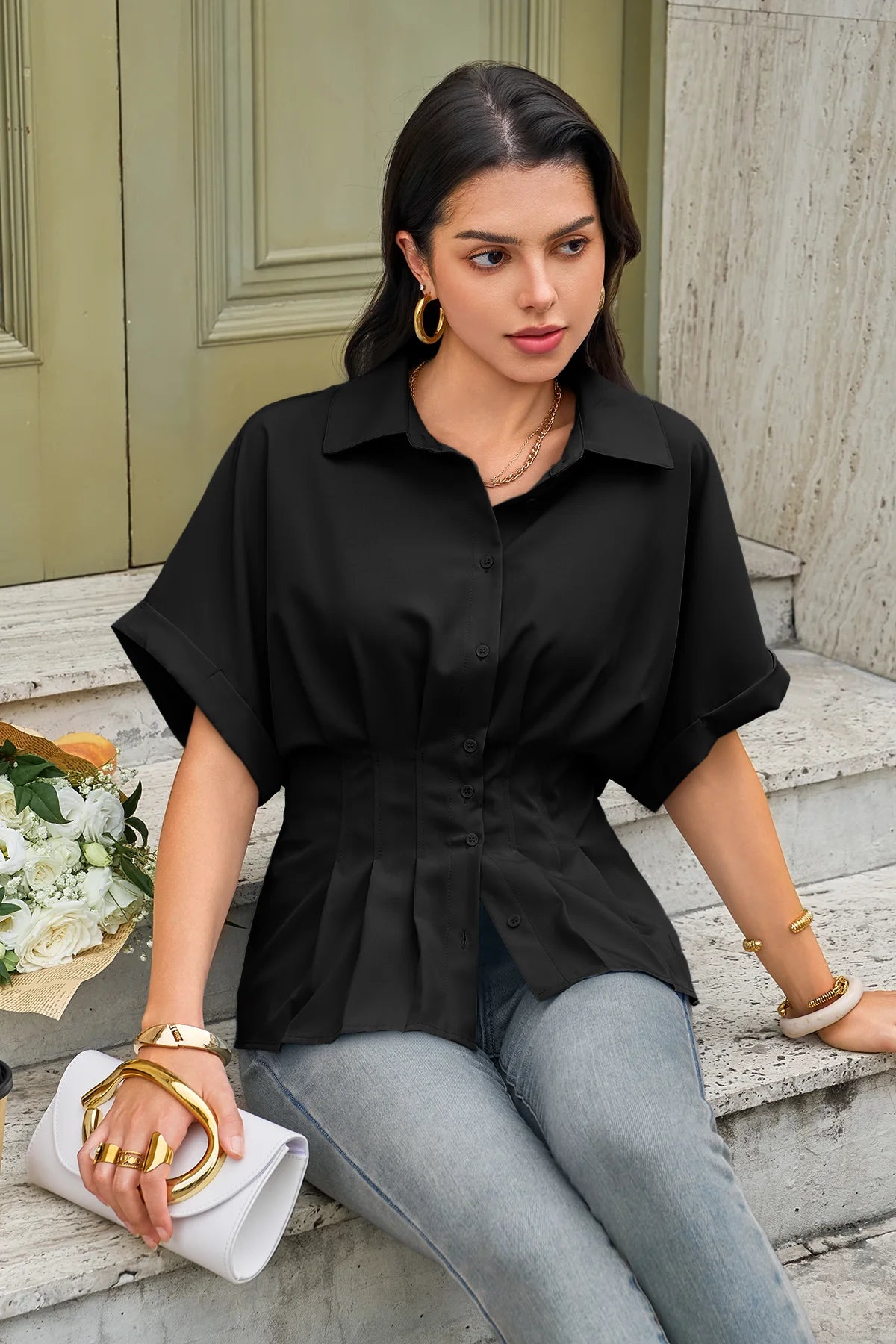 Cicy Bell Womens Black Pleated Button-Down Shirt