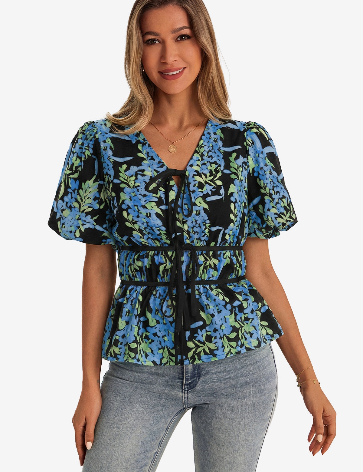 Womens  Black Puff Sleeve Floral Print Blouses 1