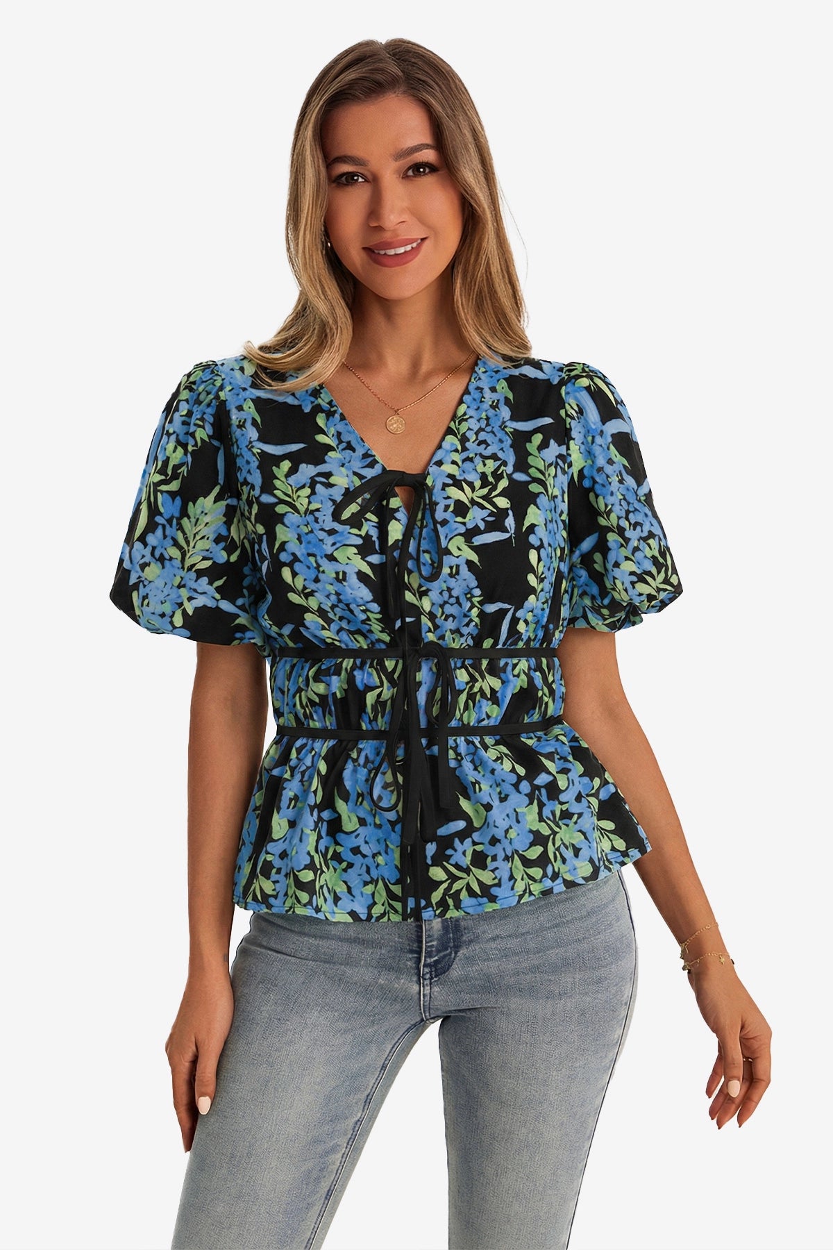 Womens  Black Puff Sleeve Floral Print Blouses 1