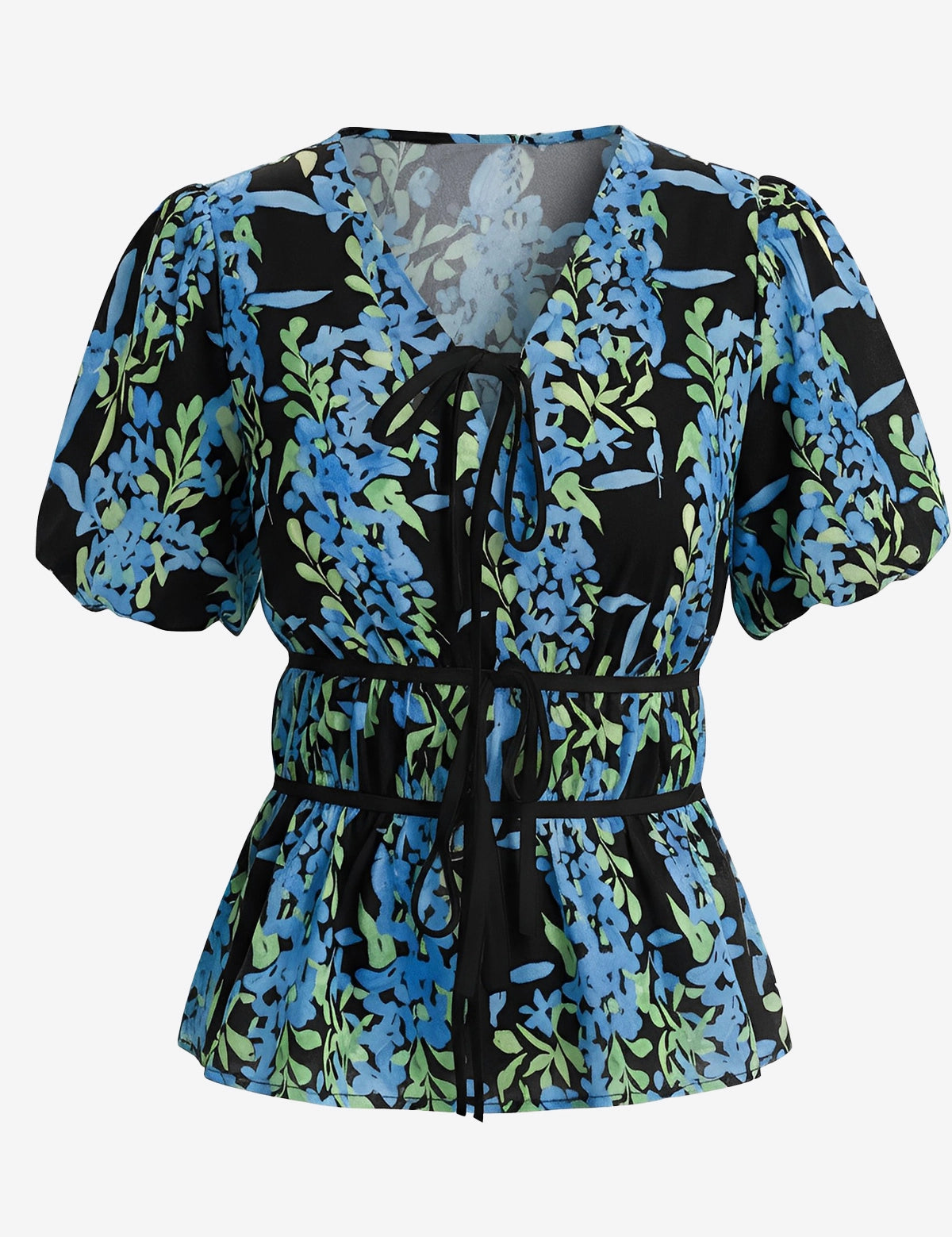 Womens  Black Puff Sleeve Floral Print Blouses 2