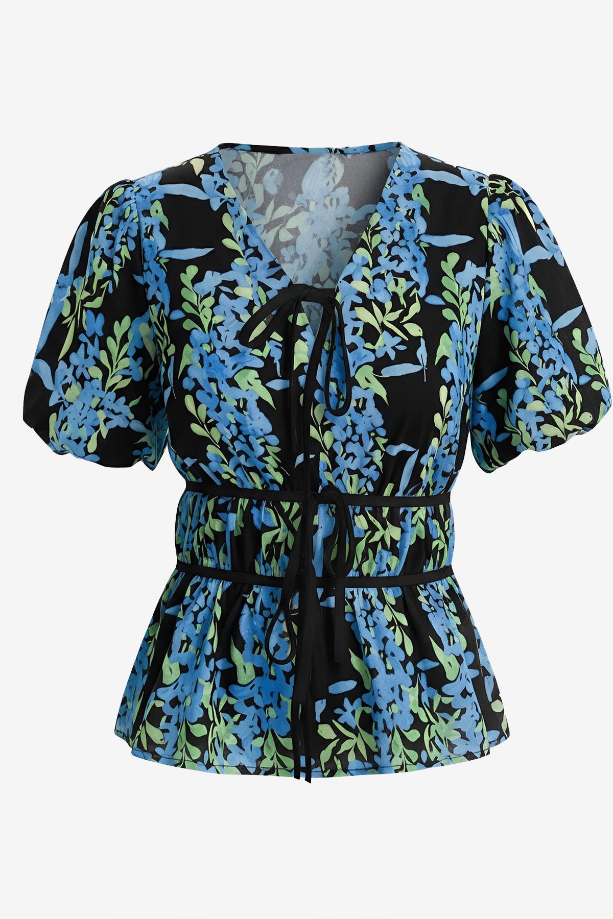 Womens  Black Puff Sleeve Floral Print Blouses 2