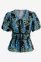 Womens  Black Puff Sleeve Floral Print Blouses 2