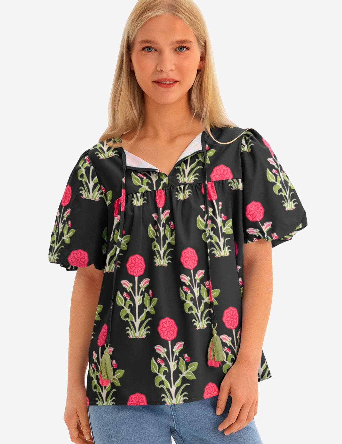 Womens Black Boho Floral Blouses 1