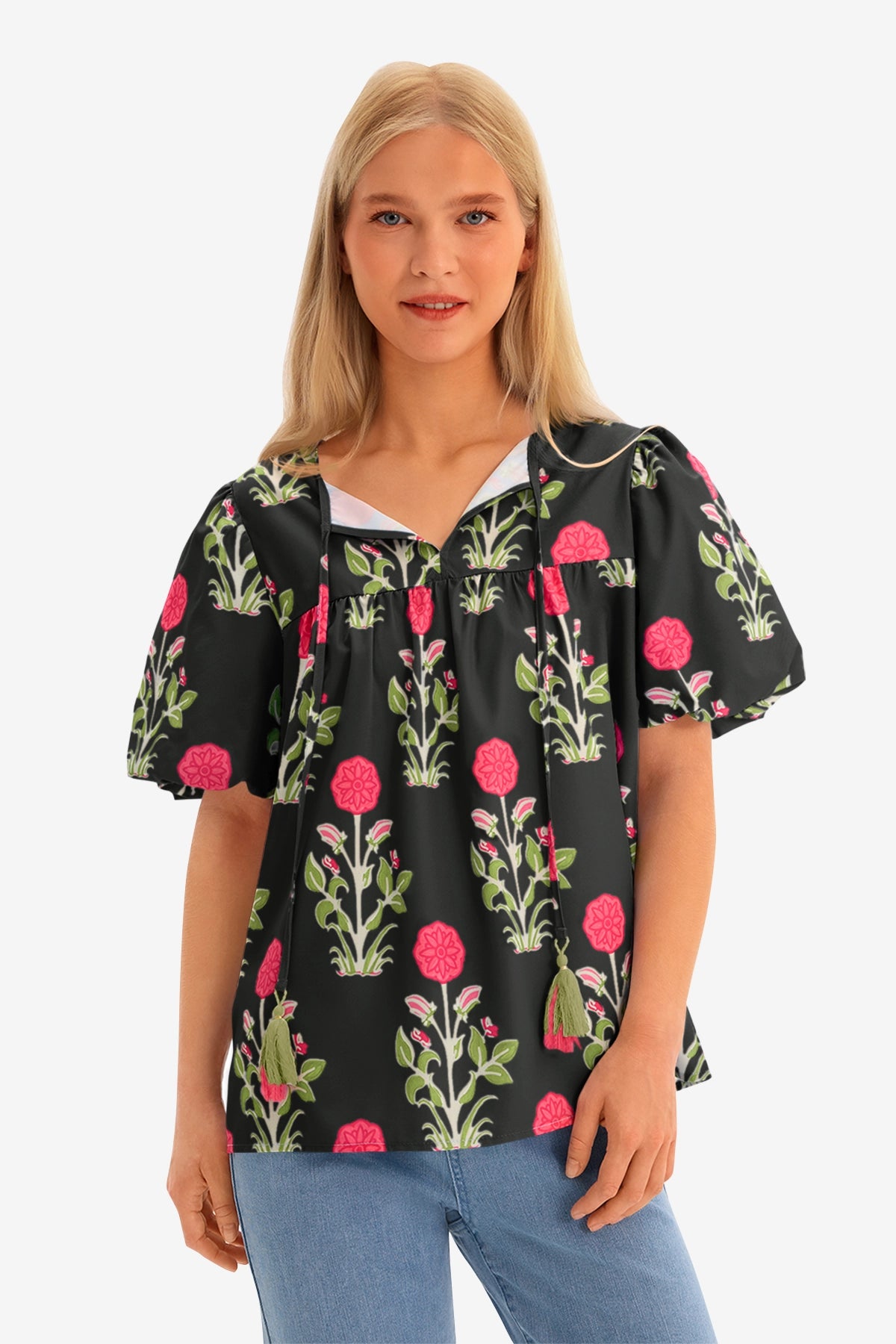 Womens Black Boho Floral Blouses 1