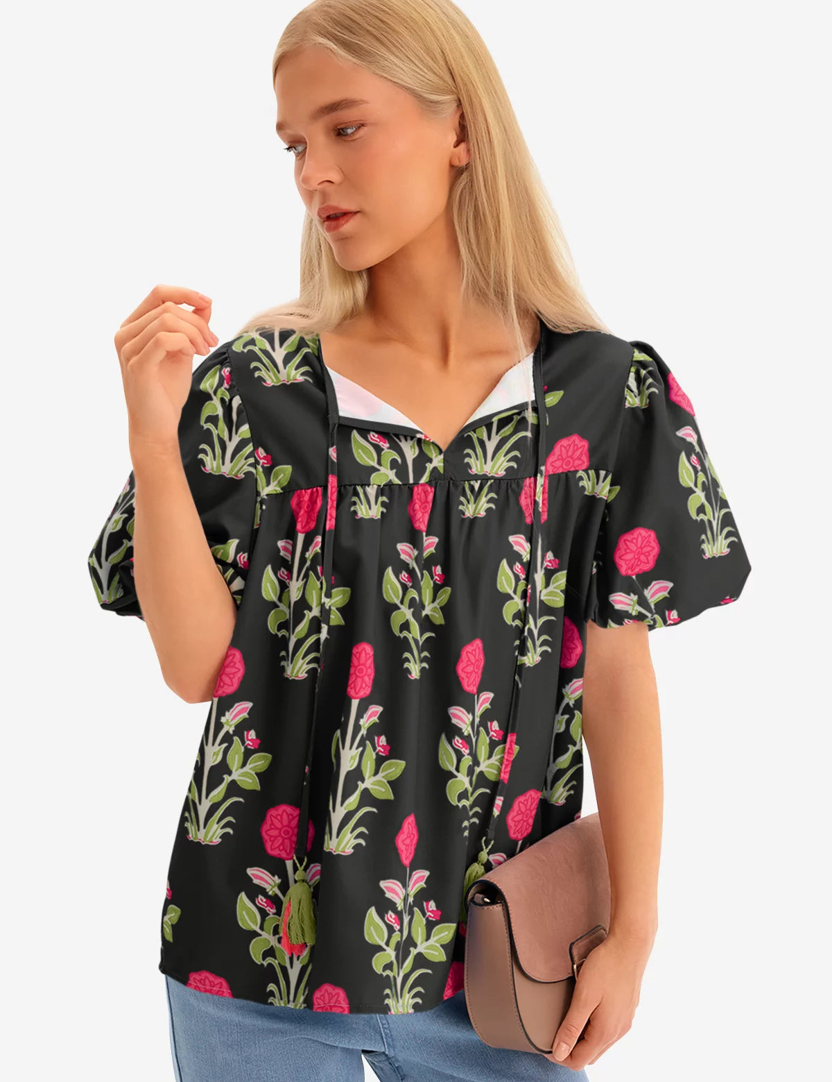 Womens Black Boho Floral Blouses 3