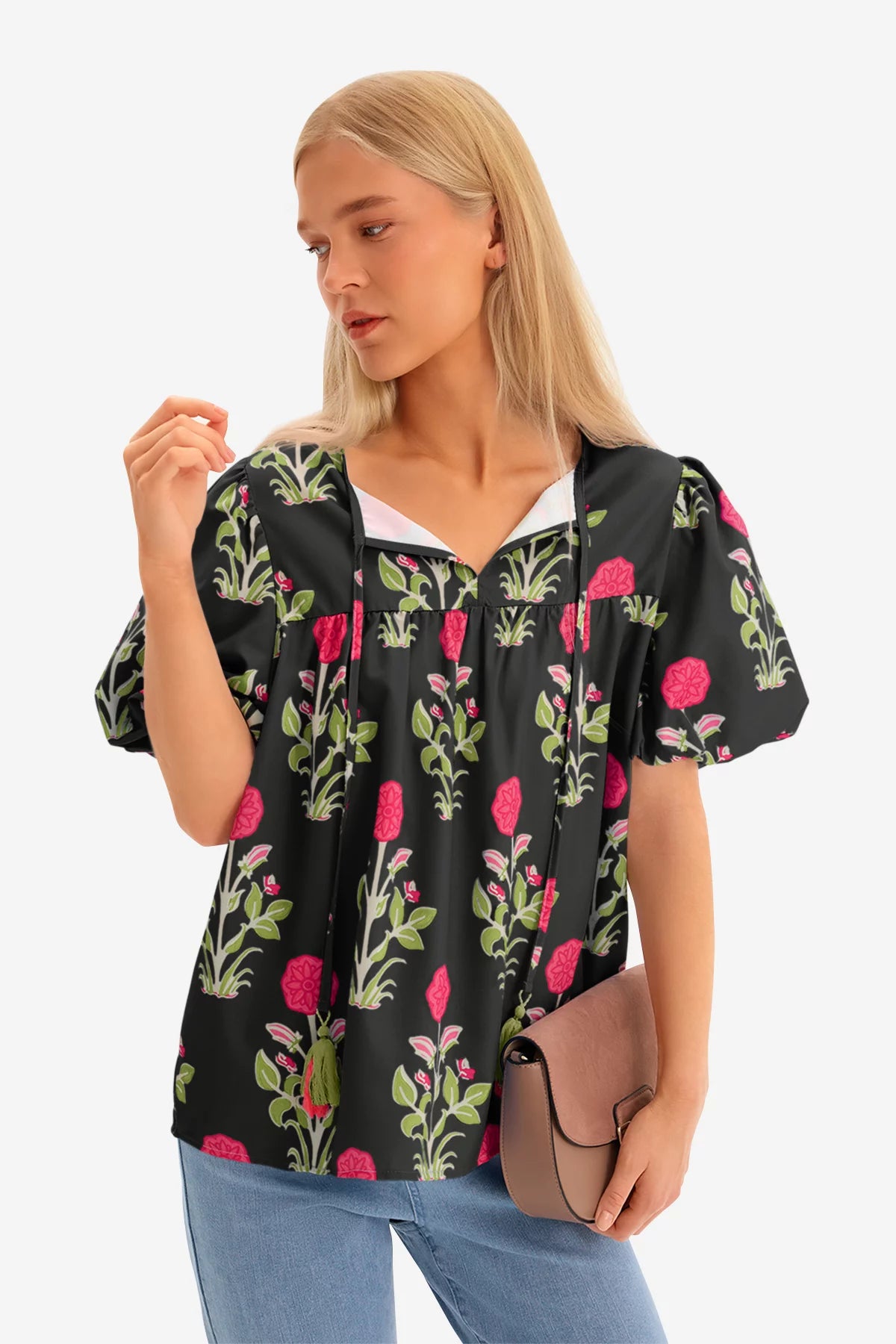 Womens Black Boho Floral Blouses 3