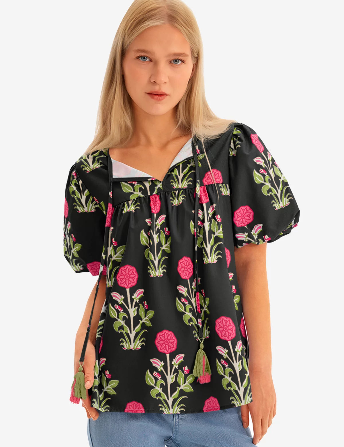Womens Black Boho Floral Blouses 2