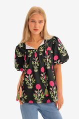 Womens Black Boho Floral Blouses 2