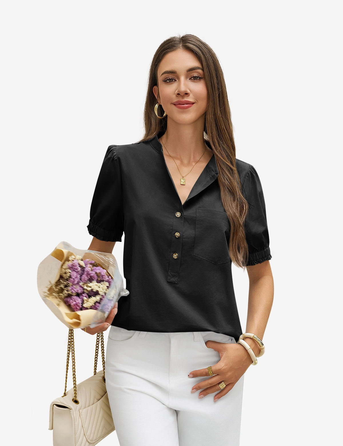 Womens  Black Puff Short Sleeve Blouses 1