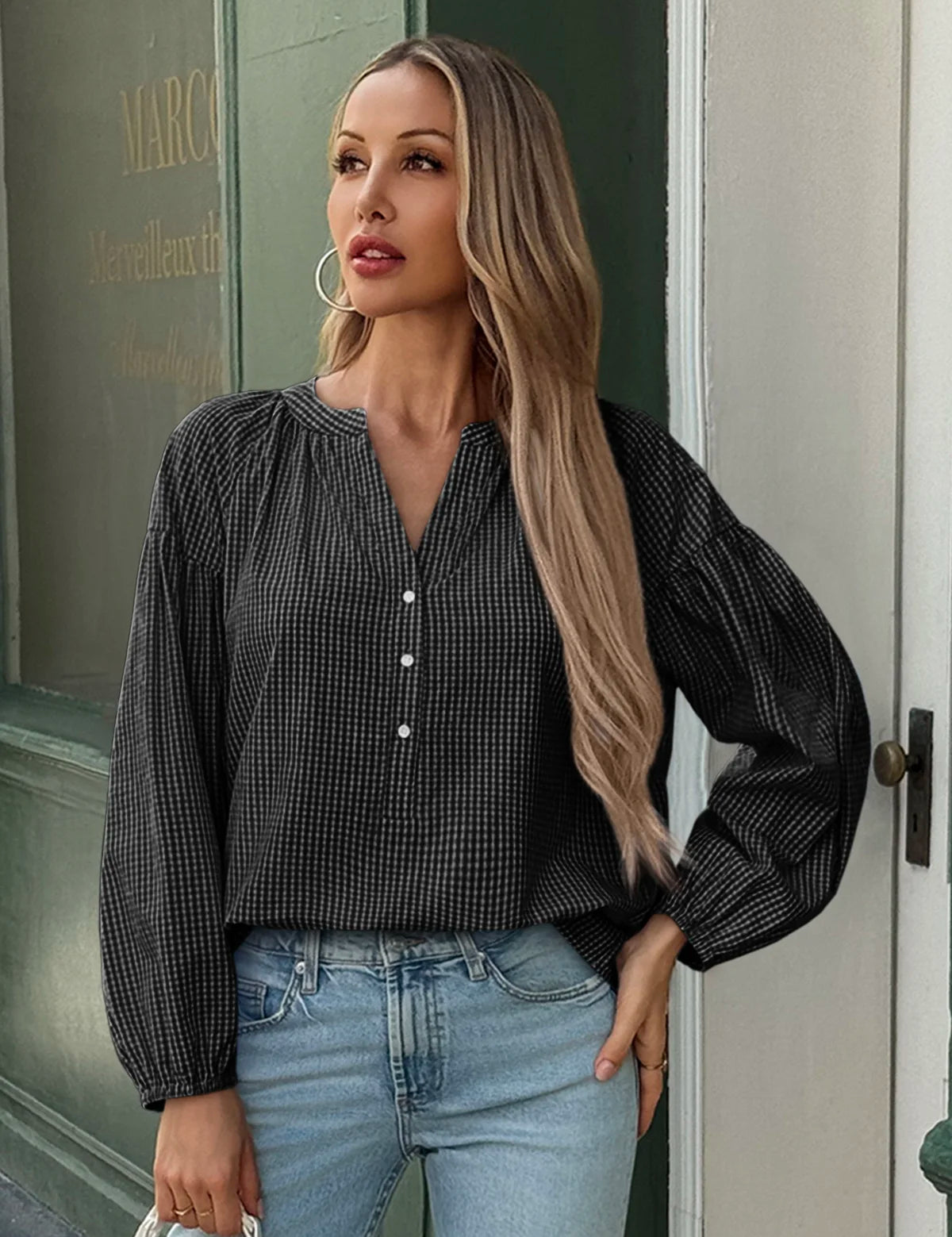 Womens  Black Puff Long Sleeve Blouse 1