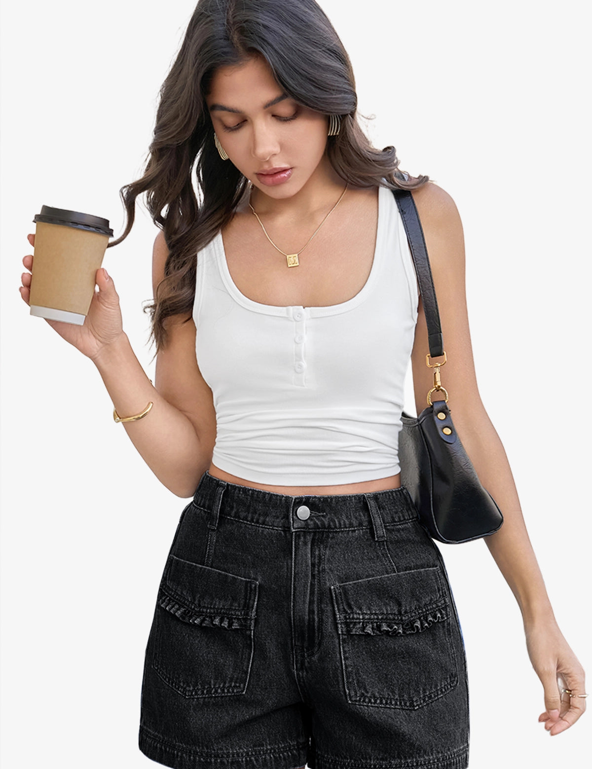 Womens Black Elastic High Waisted Jean Shorts 1