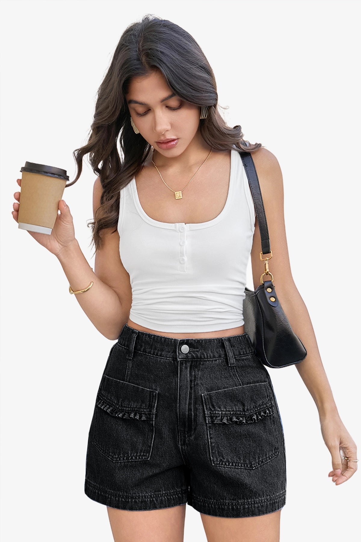 Womens Black Elastic High Waisted Jean Shorts 1