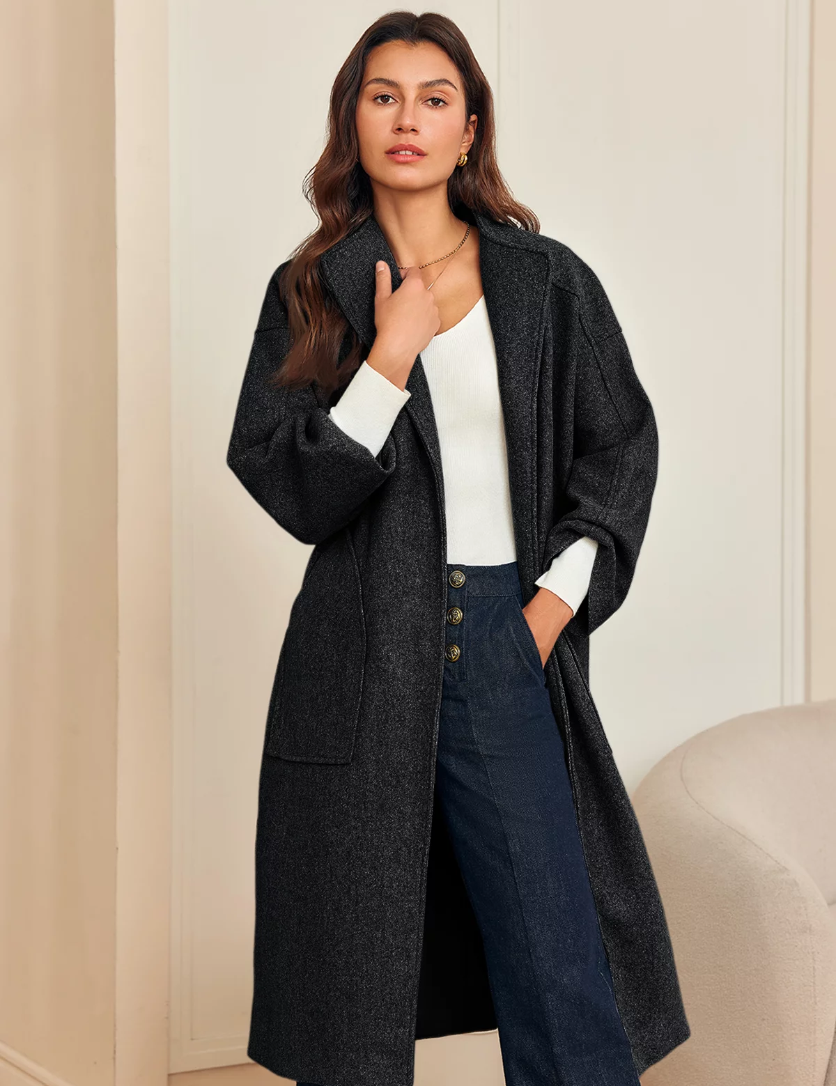 Womens Black Long Pea Coats 3