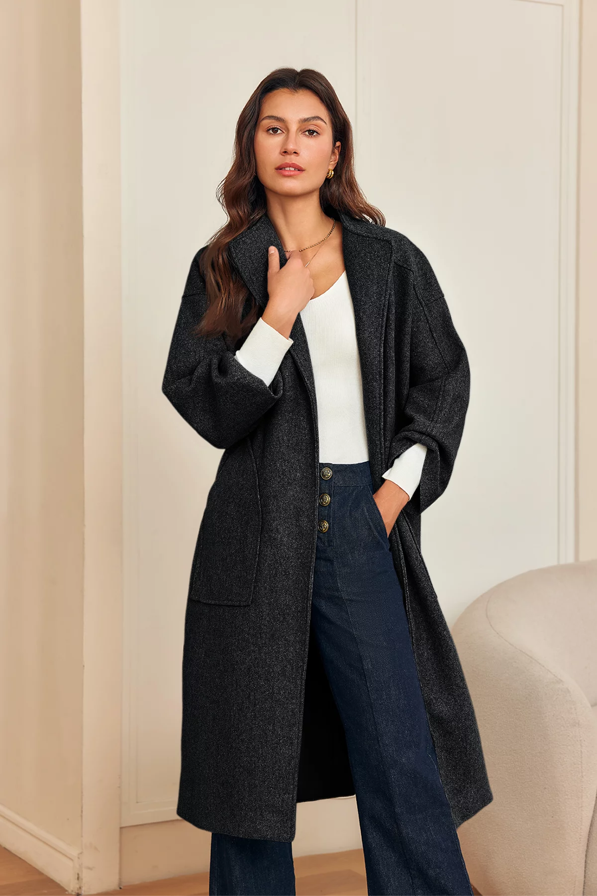 Womens Black Long Pea Coats 3