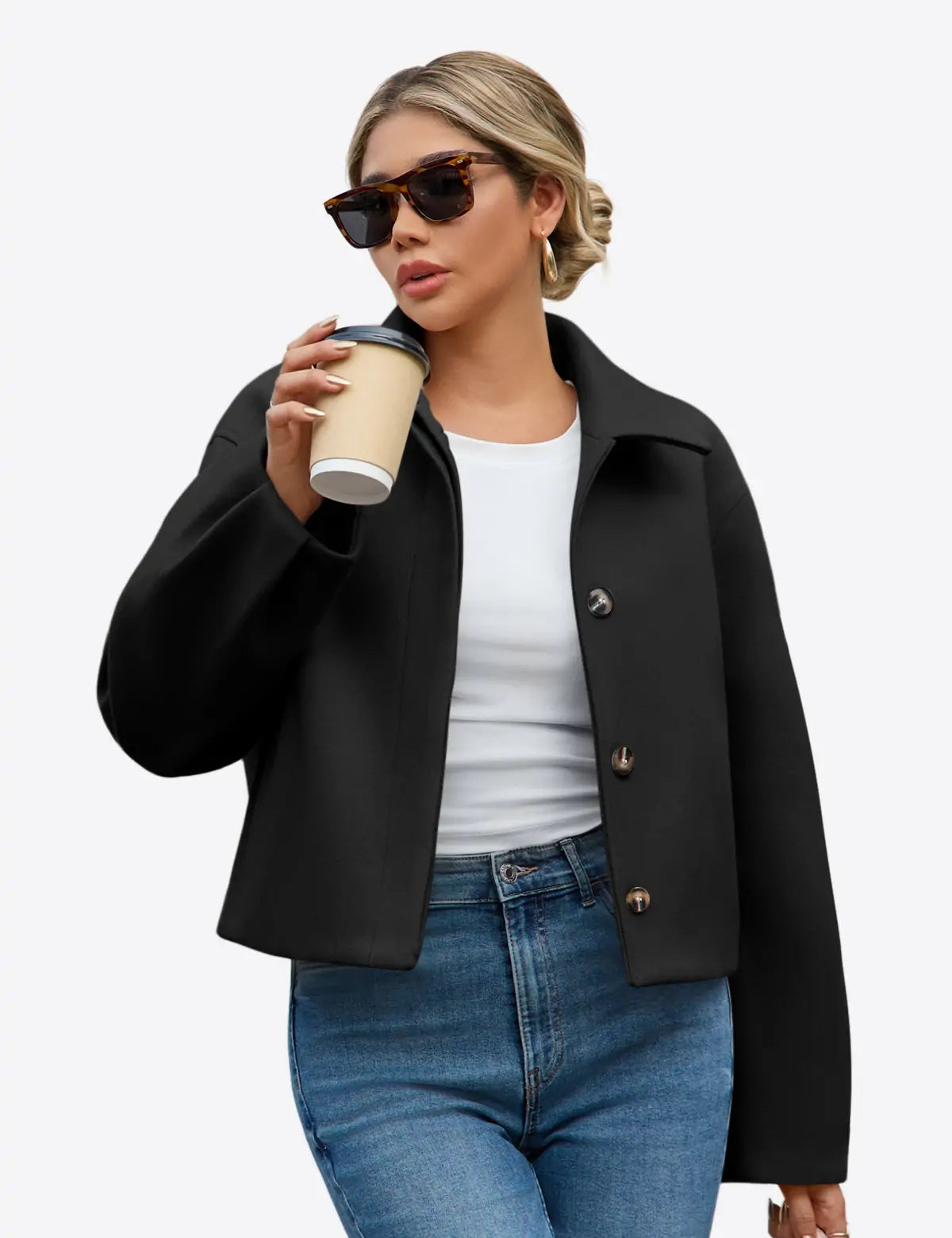 Womens Black Cropped Pea Coat 1