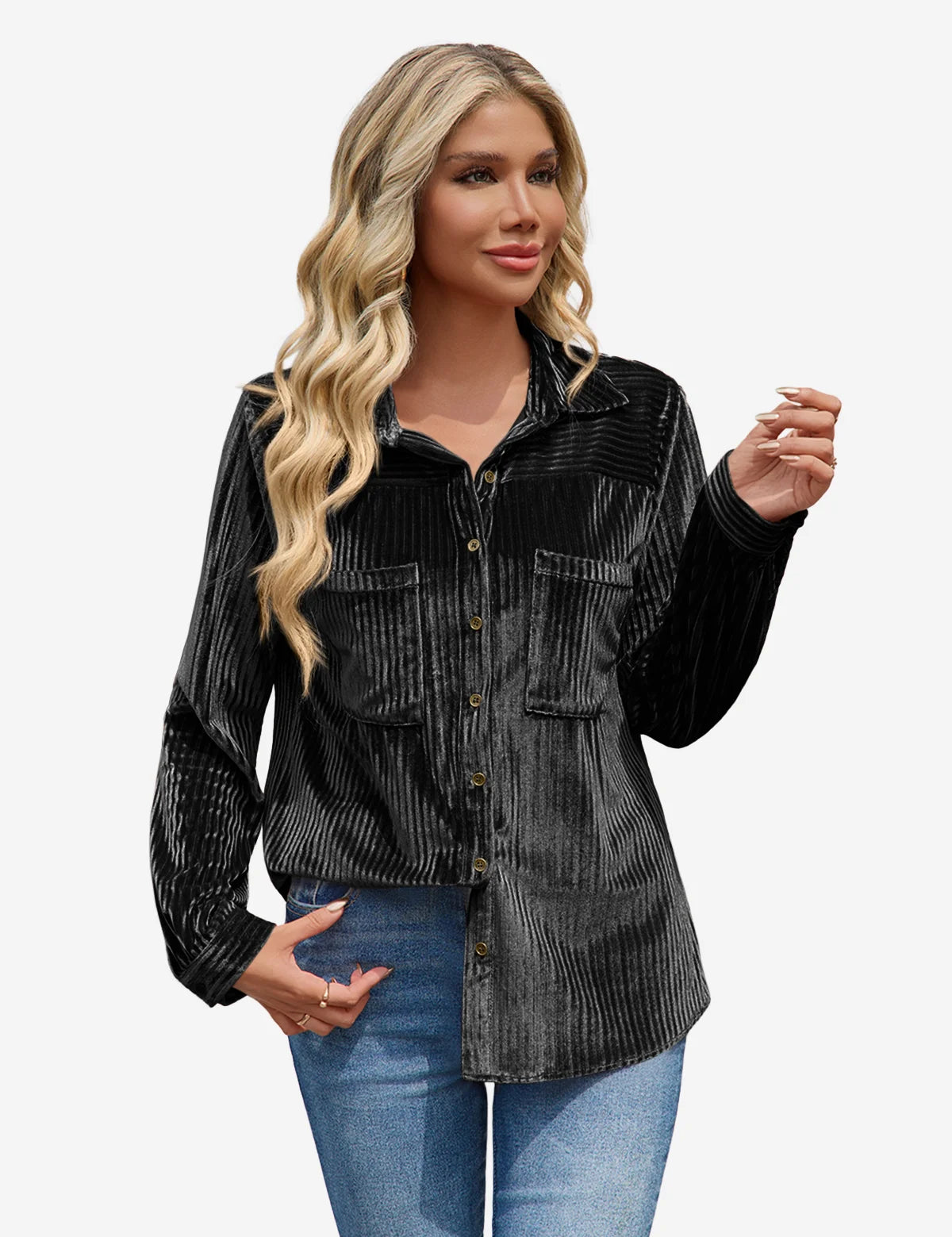 Womens Black Velvet Button Down Shirt  1