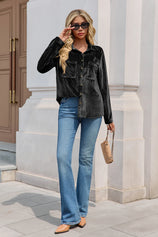 Womens Black Velvet Button Down Shirt  2