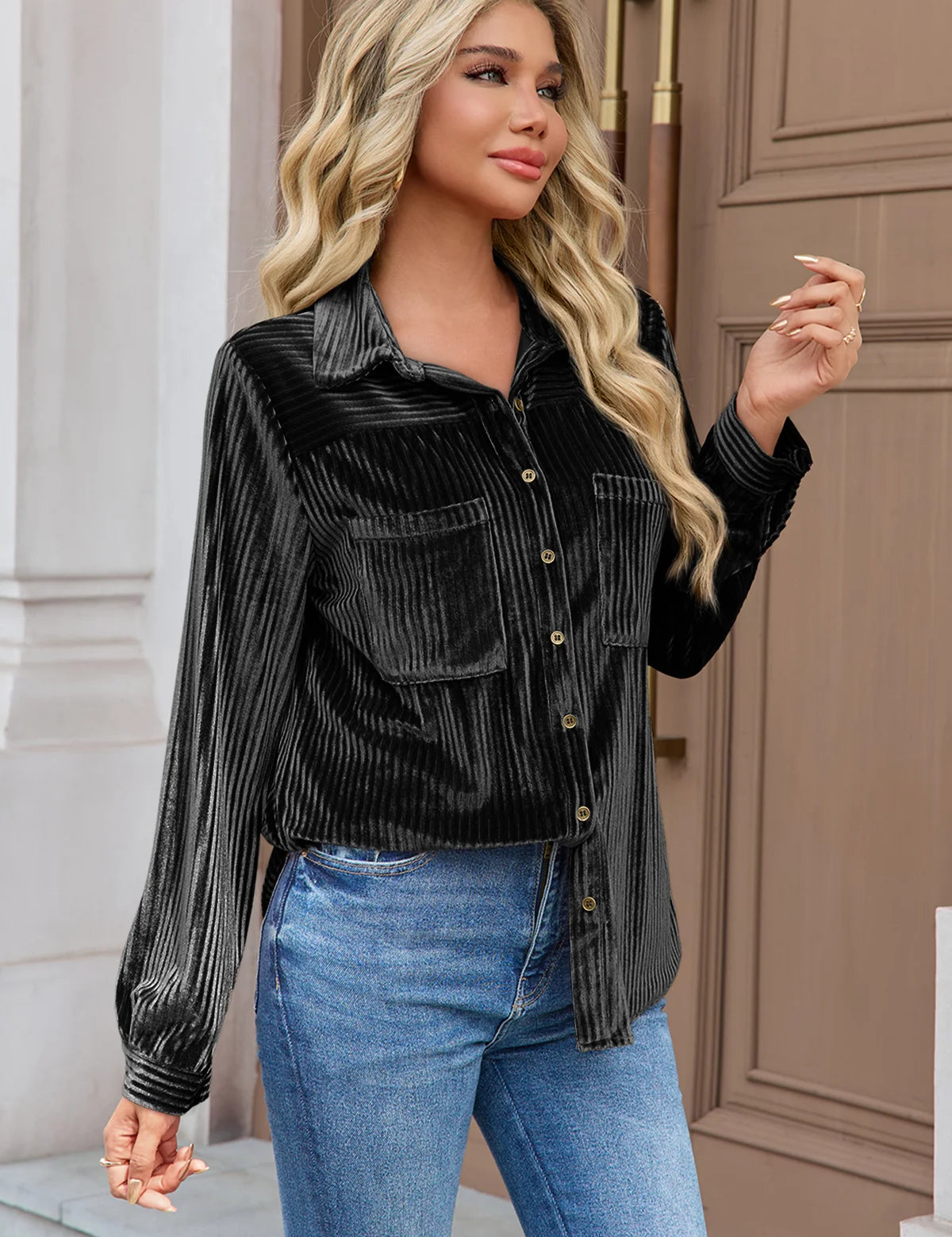 Womens Black Velvet Button Down Shirt  3