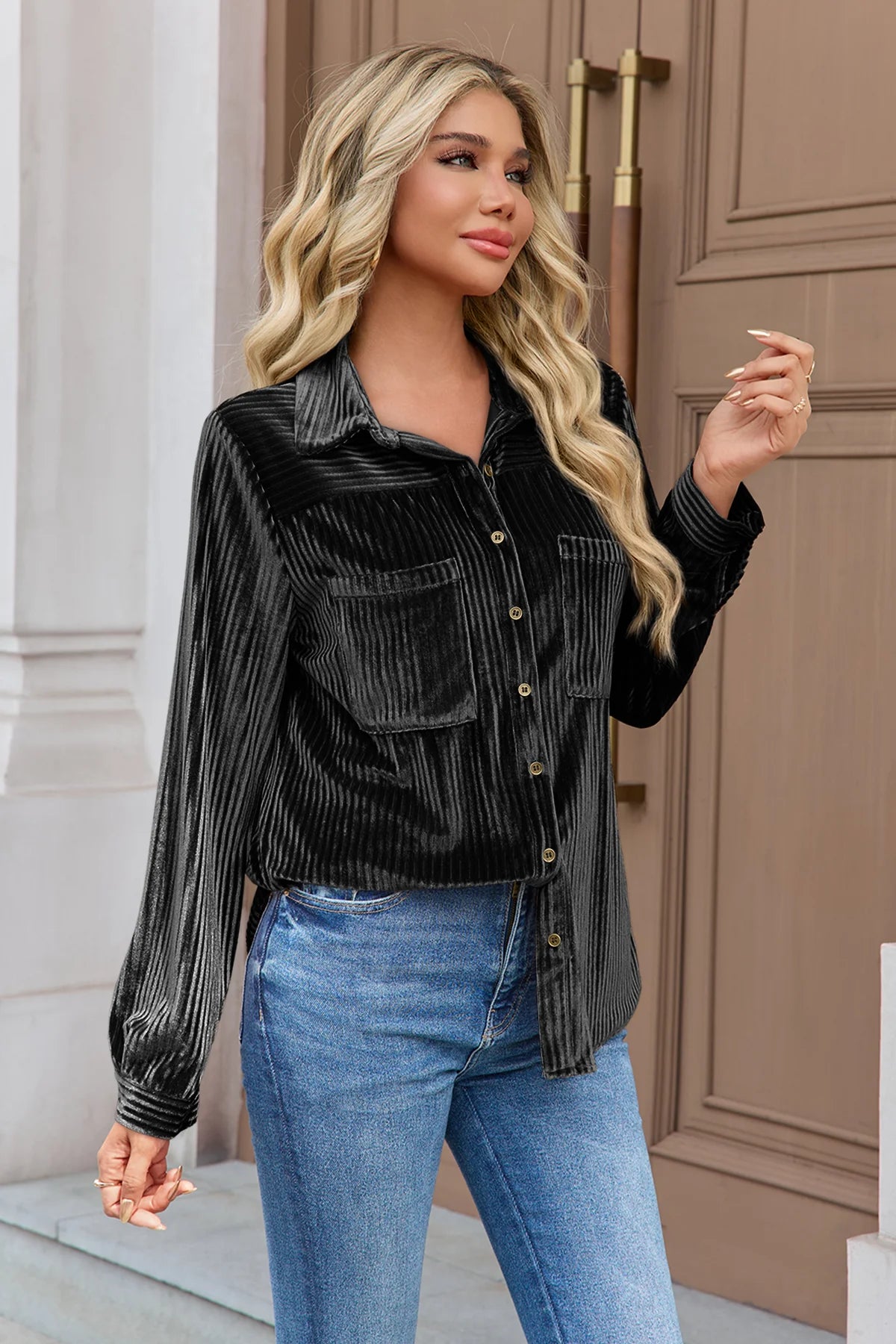 Womens Black Velvet Button Down Shirt  3